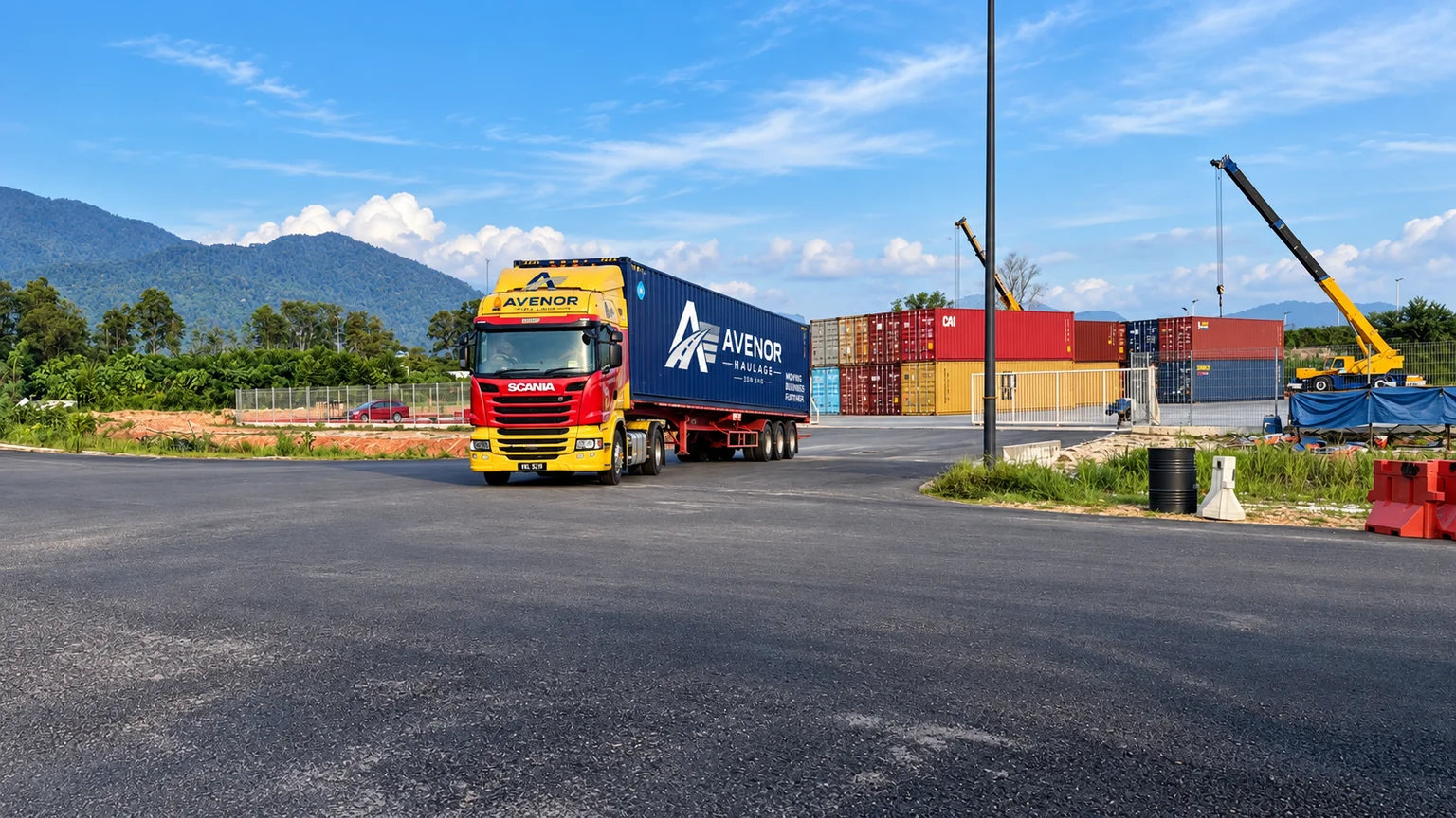 Edited photograph of container transportation at an industrial yard.
