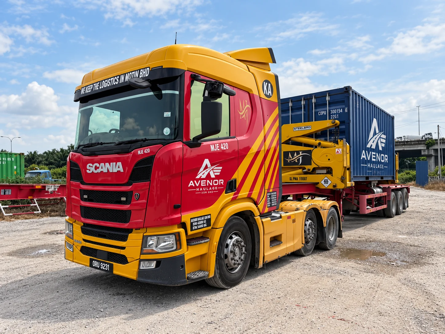 Edited photograph of an Avenor prime mover and container trailer.