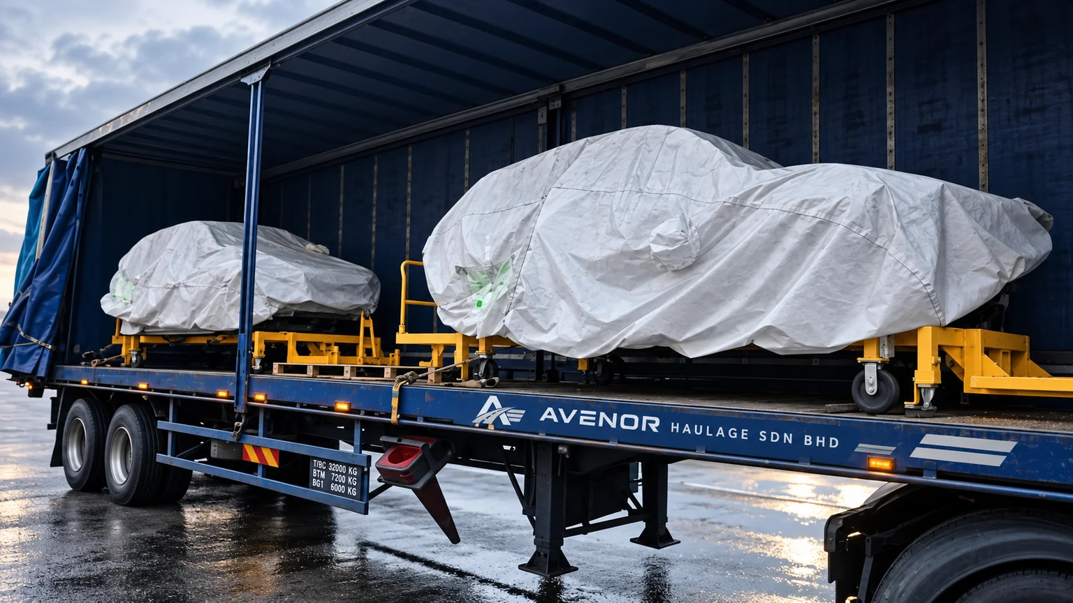 Edited photograph of covered equipment secured for transportation.
